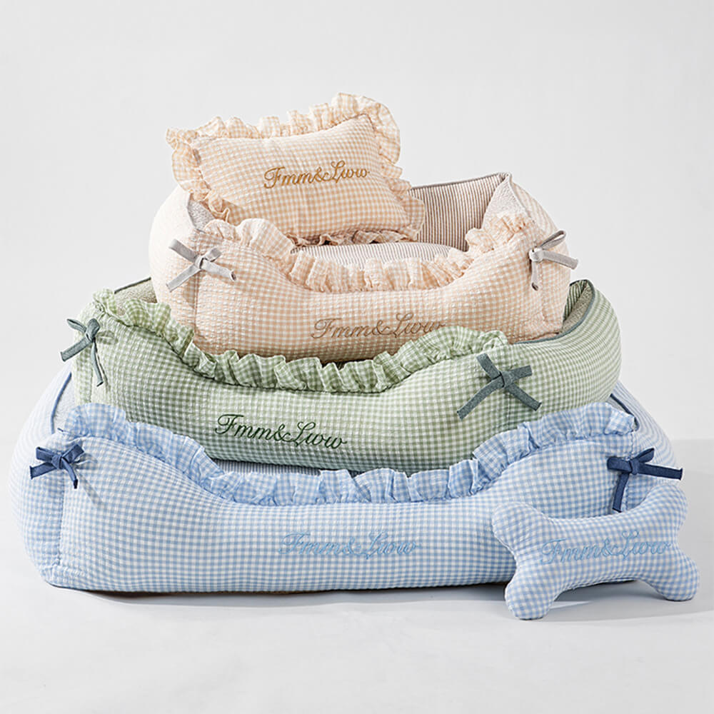 Lit pour chien et chat en tissu vichy doux lavable avec coussins