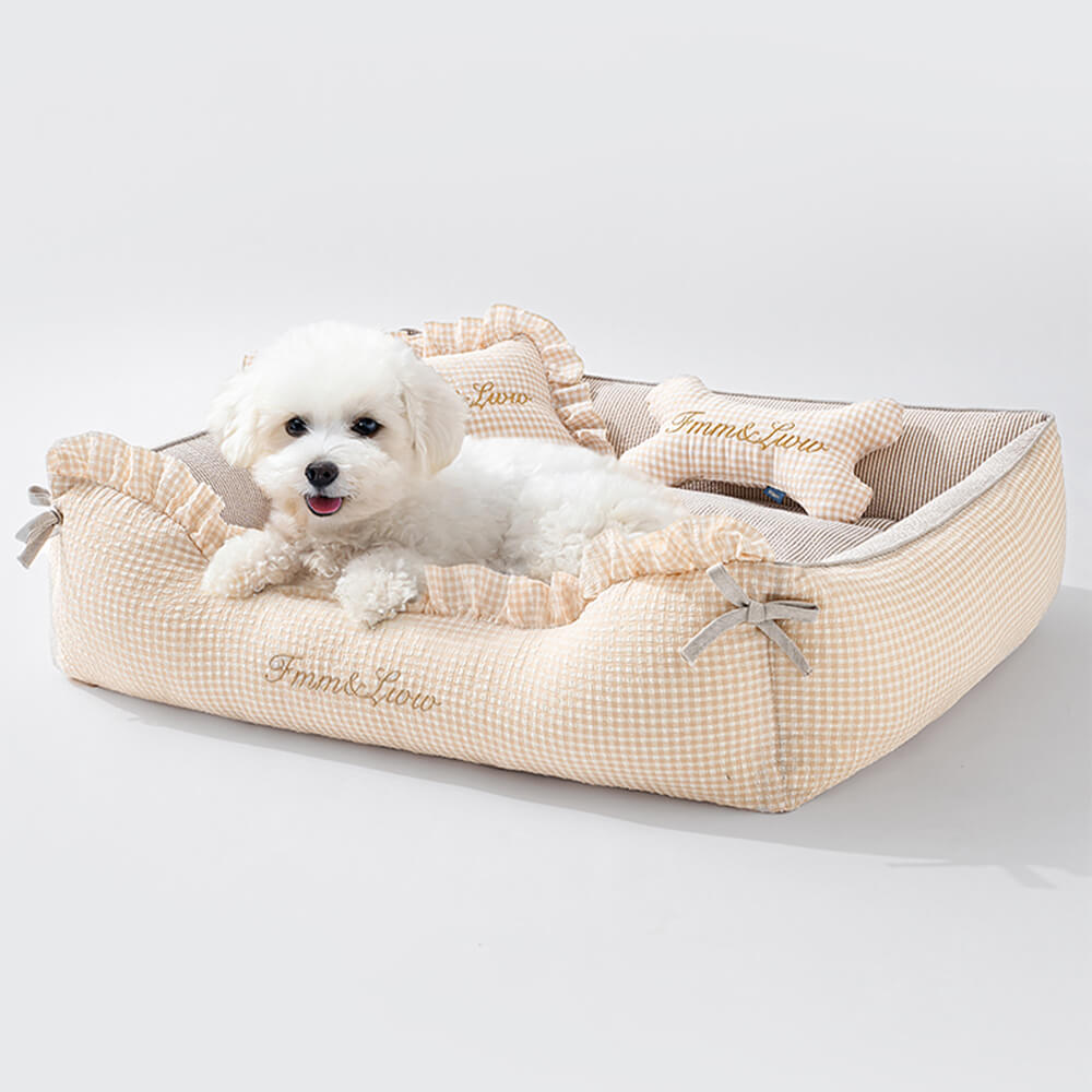 Lit pour chien et chat en tissu vichy doux lavable avec coussins