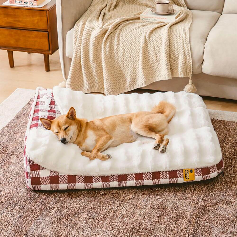 Lit rectangulaire pour chien avec tête de dossier à carreaux classiques et grand soutien apaisant - Dreamy Wave