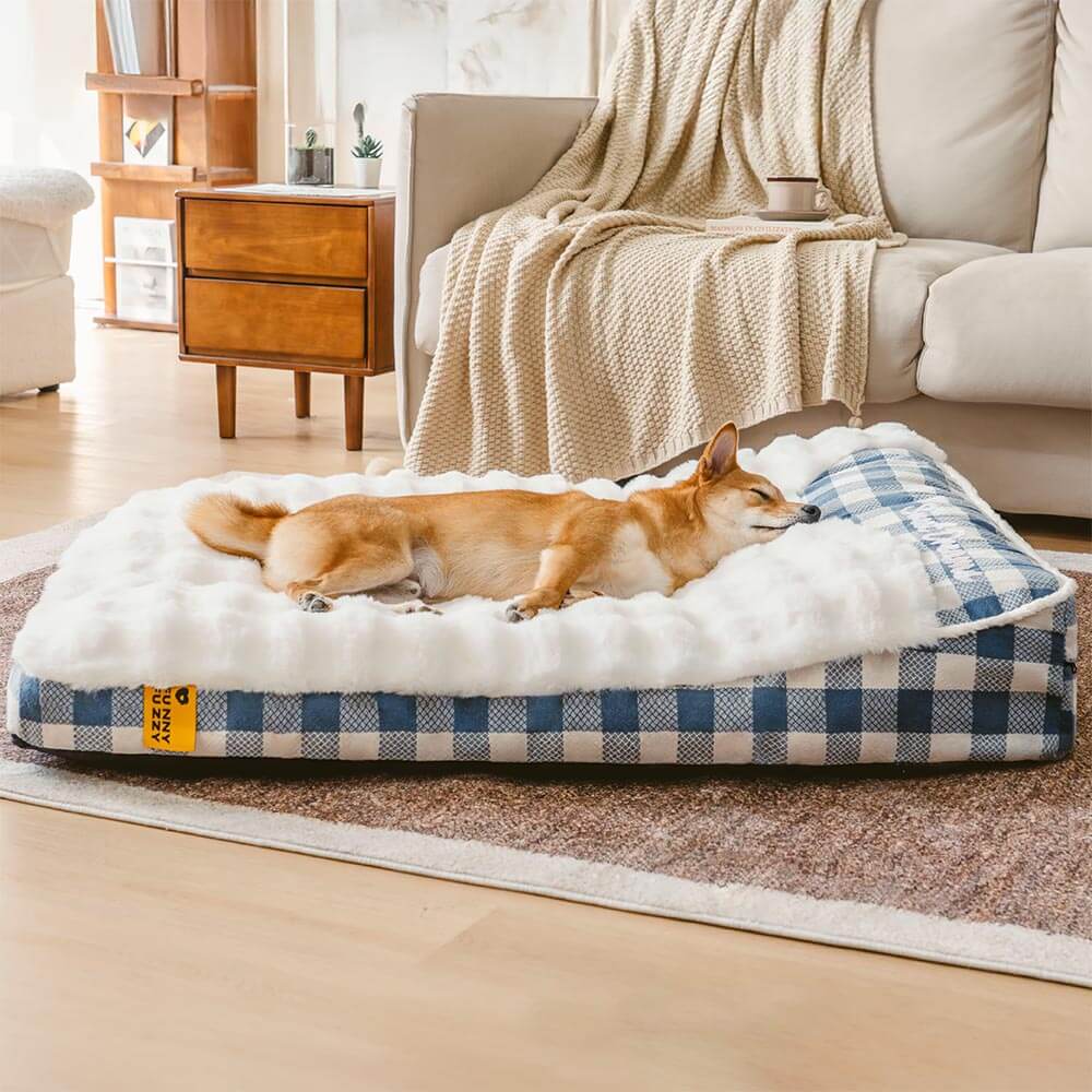 Lit rectangulaire pour chien avec tête de dossier à carreaux classiques et grand soutien apaisant - Dreamy Wave