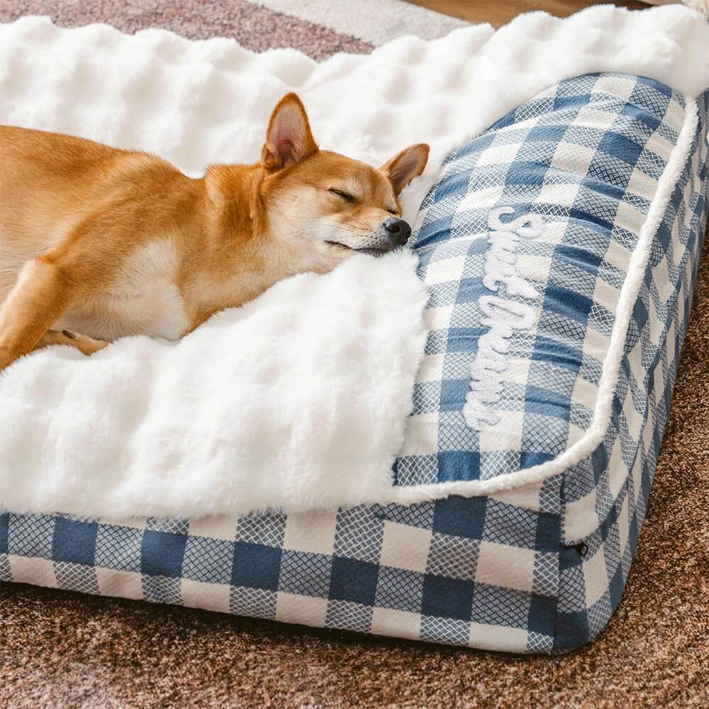 Lit rectangulaire pour chien avec tête de dossier à carreaux classiques et grand soutien apaisant - Dreamy Wave