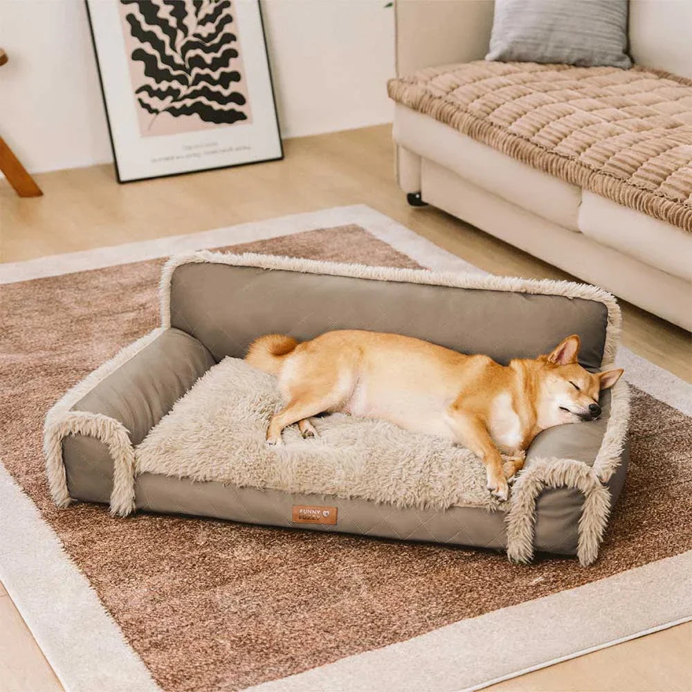 Lit orthopédique pour chien en cuir synthétique et mousse amovible avec peluche - WarmRest