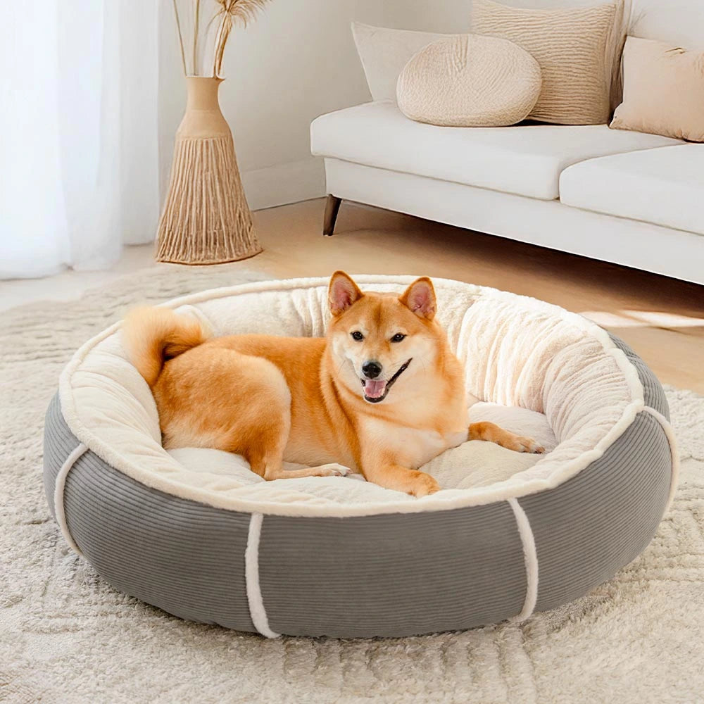 Lit chien donut velours côtelé ultra doux anti anxiété