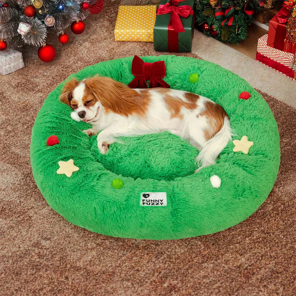 Coussin pour chien en peluche apaisant FUNNYFUZZY en forme de couronne de Noël – HolidaySnuggle