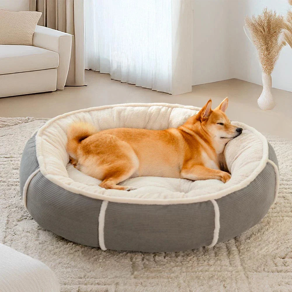 Lit chien donut velours côtelé ultra doux anti anxiété