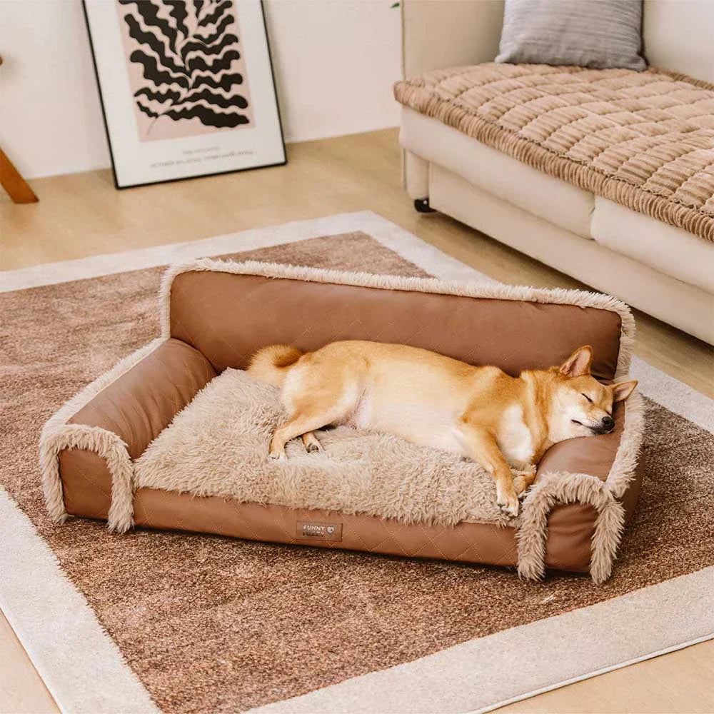 Lit orthopédique pour chien en cuir synthétique et mousse amovible avec peluche - WarmRest