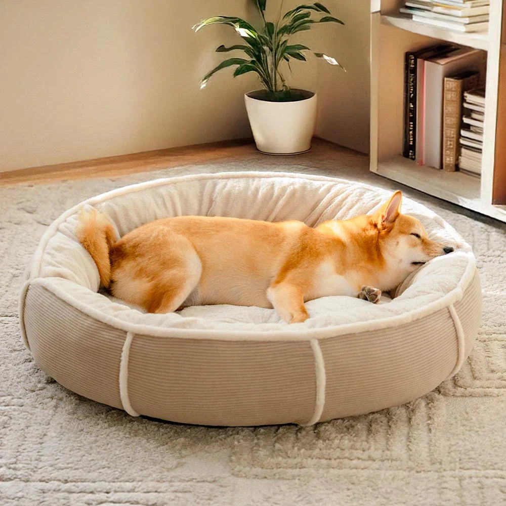 Lit chien donut velours côtelé ultra doux anti anxiété