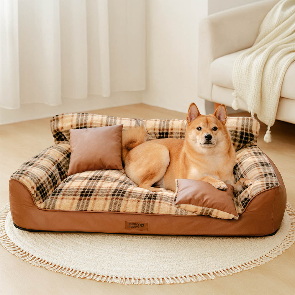 Lit orthopédique pour chien en peluche à carreaux vintage avec coussins - CozyLuxe