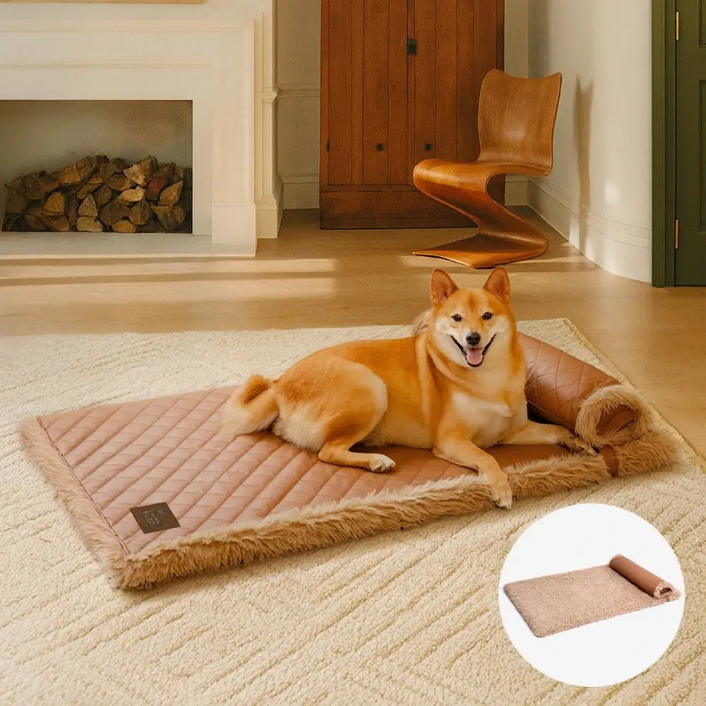 Tapis pour chien réversible en simili cuir avec plaid chaud éponge amovible et oreiller
