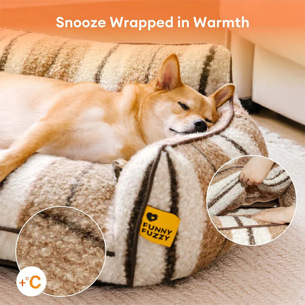 Lit pour chien et chat en peluche, chaleureux, à rayures, pliable et lavable - MochaSnug