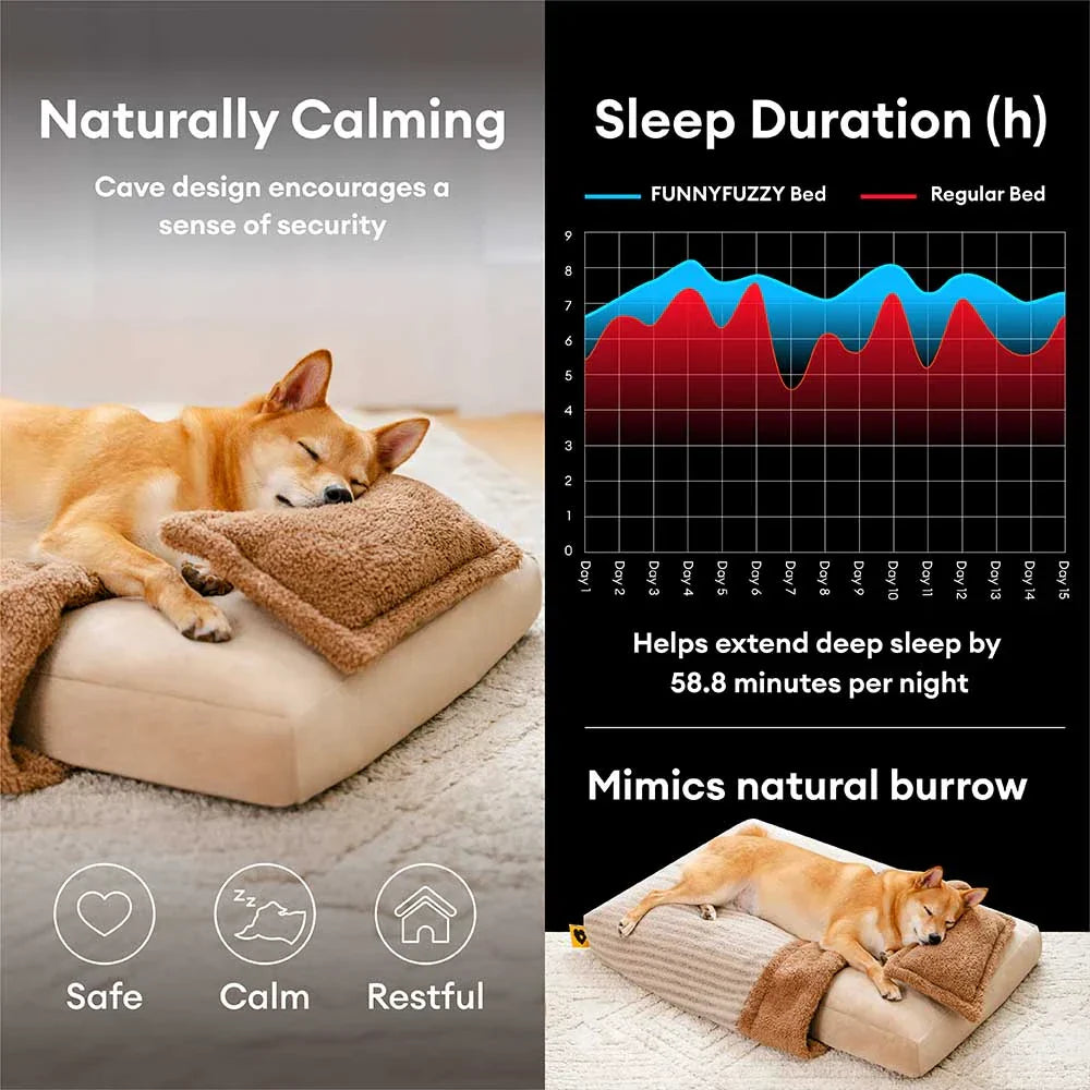 Lit orthopédique pour chien couvert en peluche rayée avec oreiller - FluffyWarm