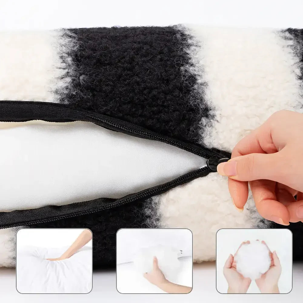 Lit pour chien et chat en fausse laine d’agneau rayures noires et blanches - Clés de piano hiver