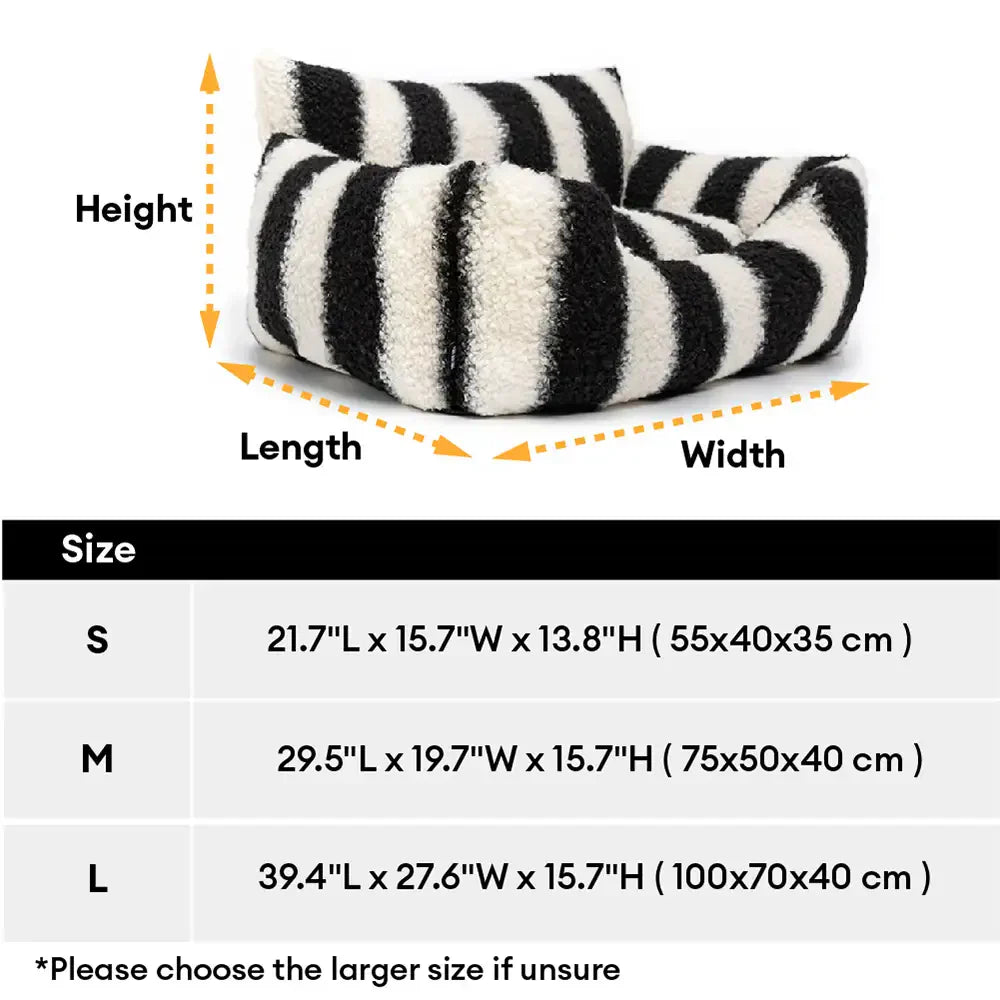 Lit pour chien et chat en fausse laine d’agneau rayures noires et blanches - Clés de piano hiver