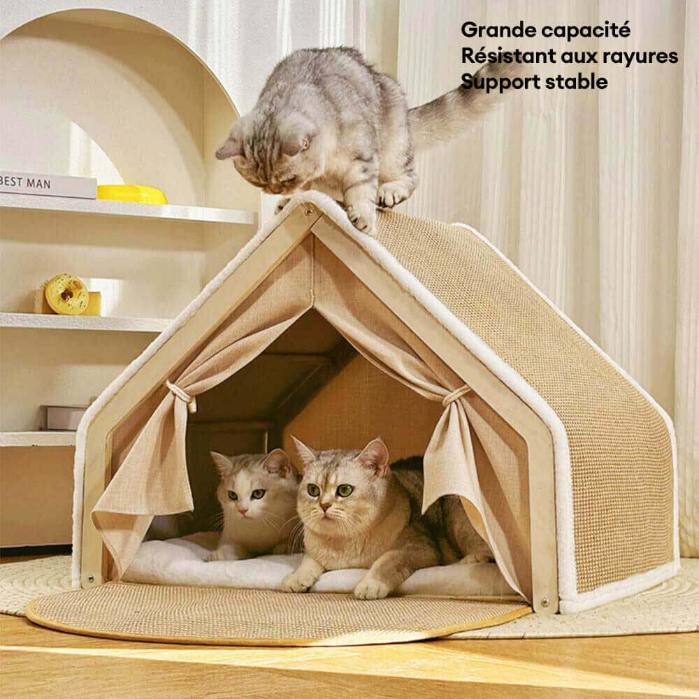 Tente pour chat tout-en-un avec toit griffoir et espace de couchage confortable