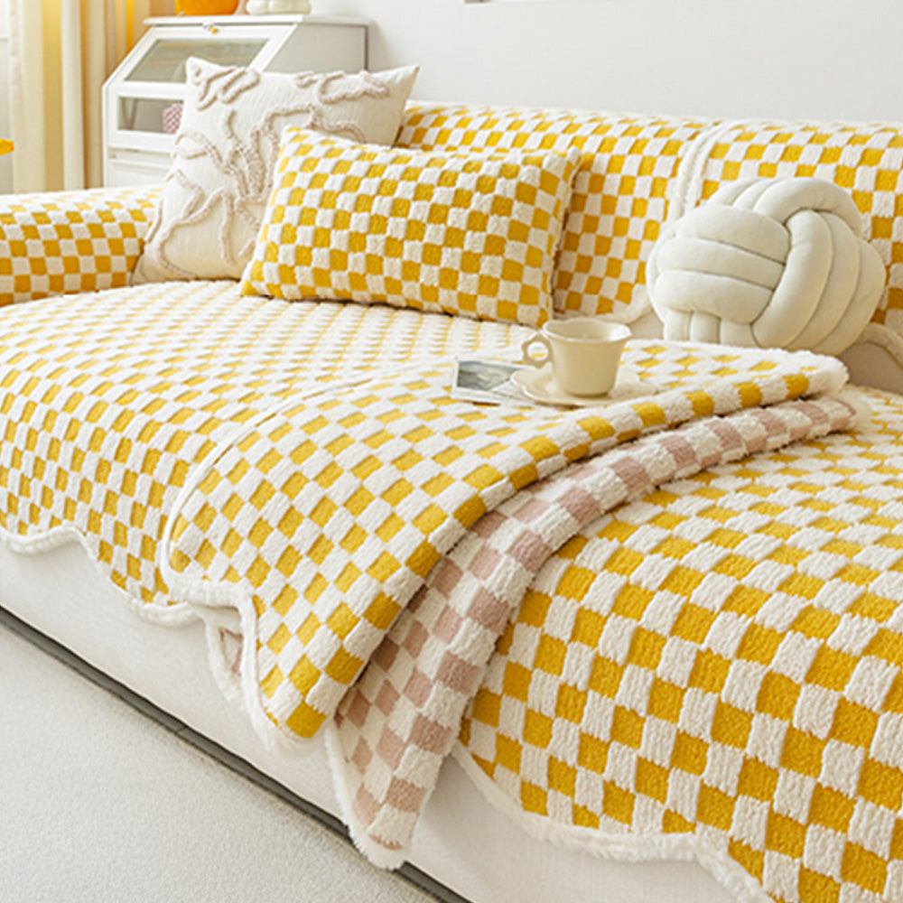 Housse de canapé en peluche à damier classique, confortable, résistante aux rayures et antidérapante.