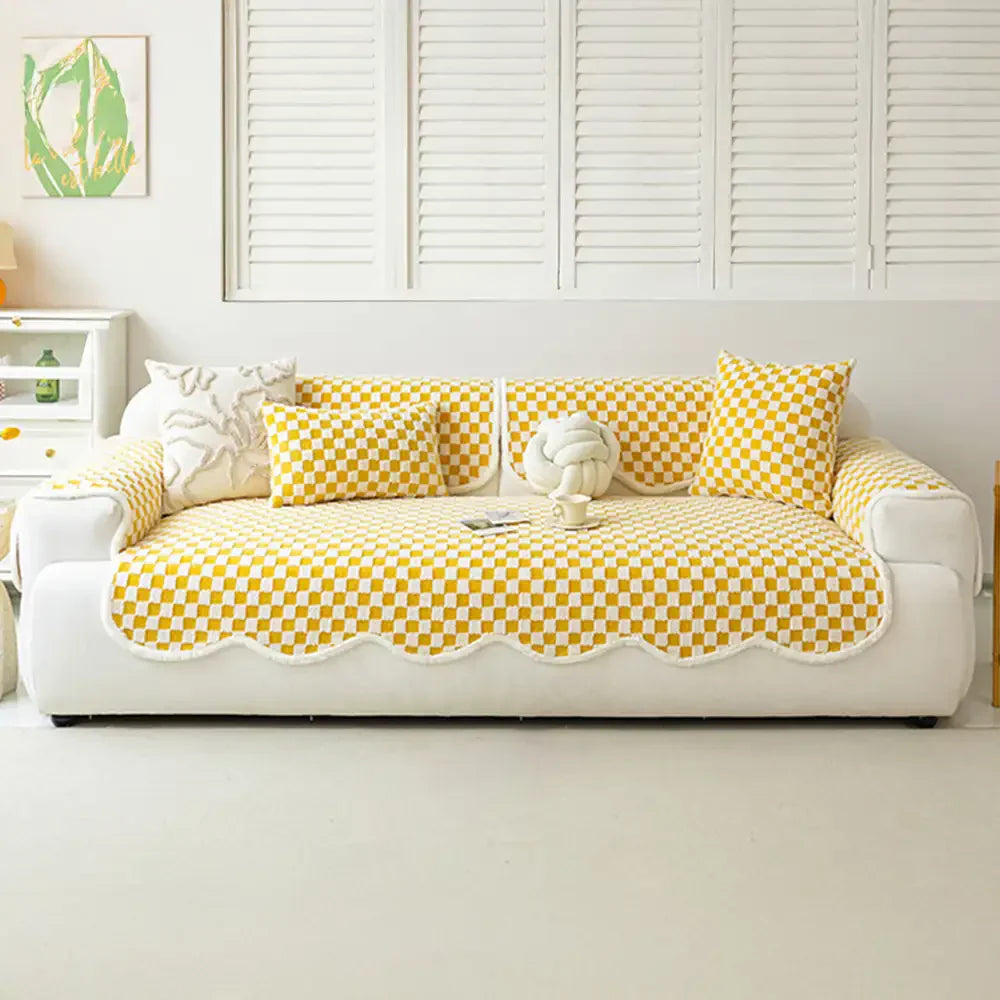 Housse de canapé en peluche à damier classique, confortable, résistante aux rayures et antidérapante.