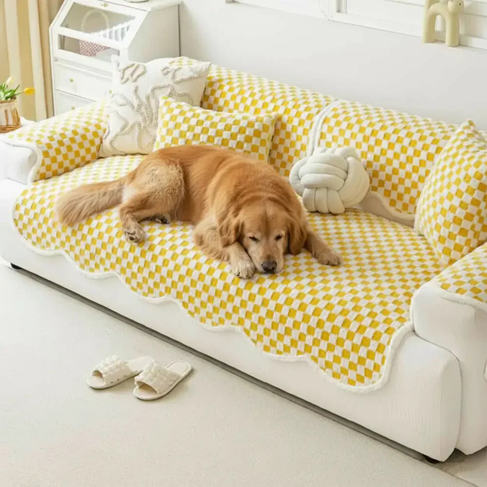 Housse de canapé en peluche à damier classique, confortable, résistante aux rayures et antidérapante.