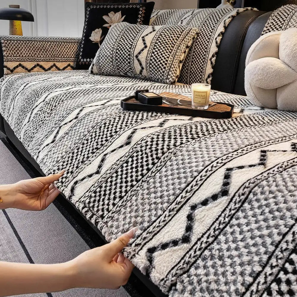 Housse de canapé classique en plaid peluche résistant aux rayures confortable antidérapante
