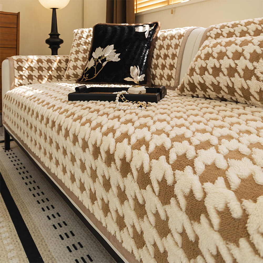 Housse de canapé vintage en peluche à motif pied-de-poule épaisse et antidérapante de haute qualité