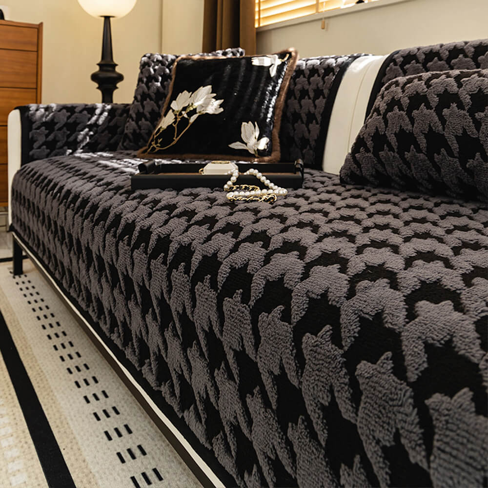 Housse de canapé vintage en peluche à motif pied-de-poule épaisse et antidérapante de haute qualité