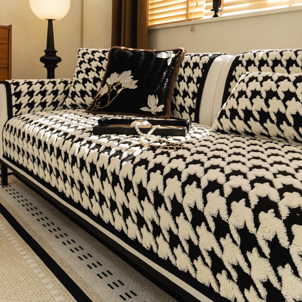 Housse de canapé vintage en peluche à motif pied-de-poule épaisse et antidérapante de haute qualité