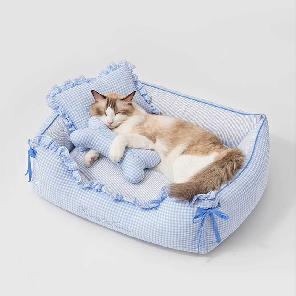 Lit pour chien et chat en tissu vichy doux lavable avec coussins