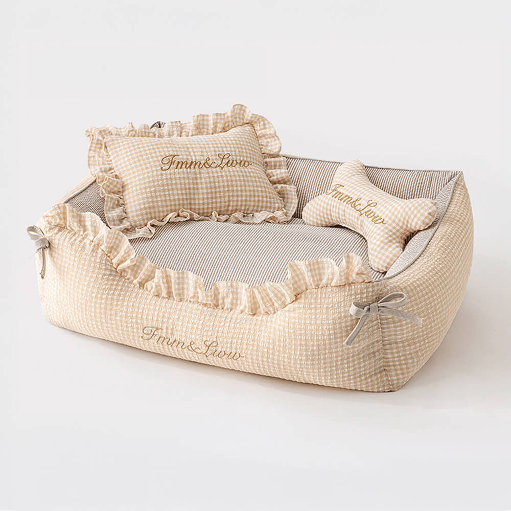 Lit pour chien et chat en tissu vichy doux lavable avec coussins