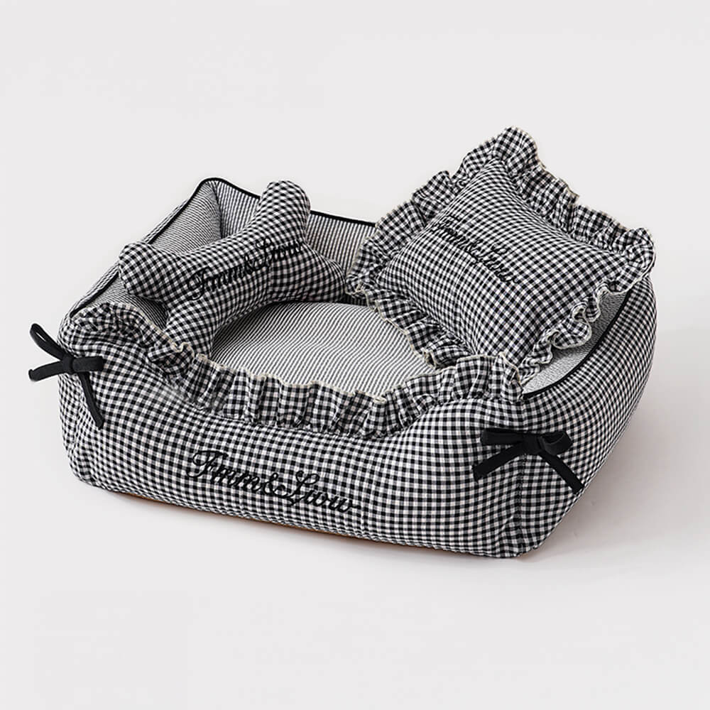 Lit pour chien et chat en tissu vichy doux lavable avec coussins