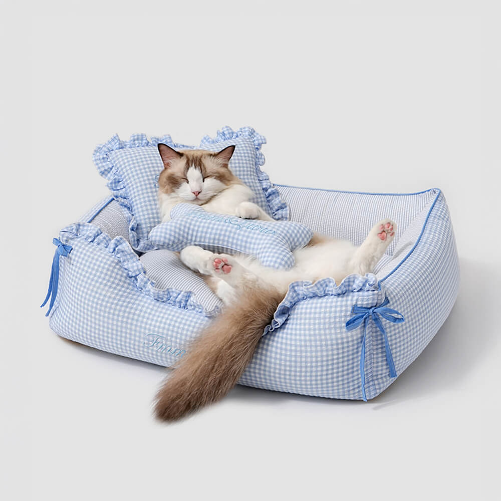 Lit pour chien et chat en tissu vichy doux lavable avec coussins