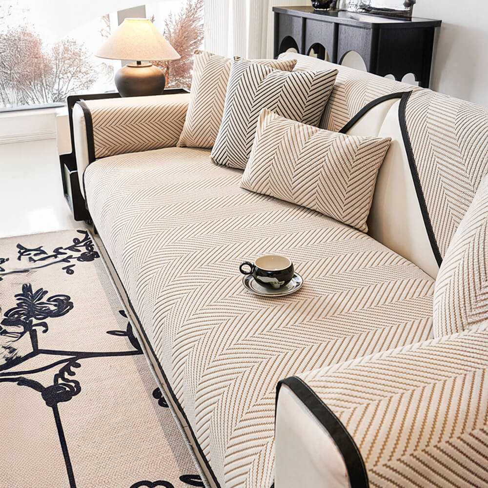 Housse de canapé en polaire douce au toucher à chevrons bicolores