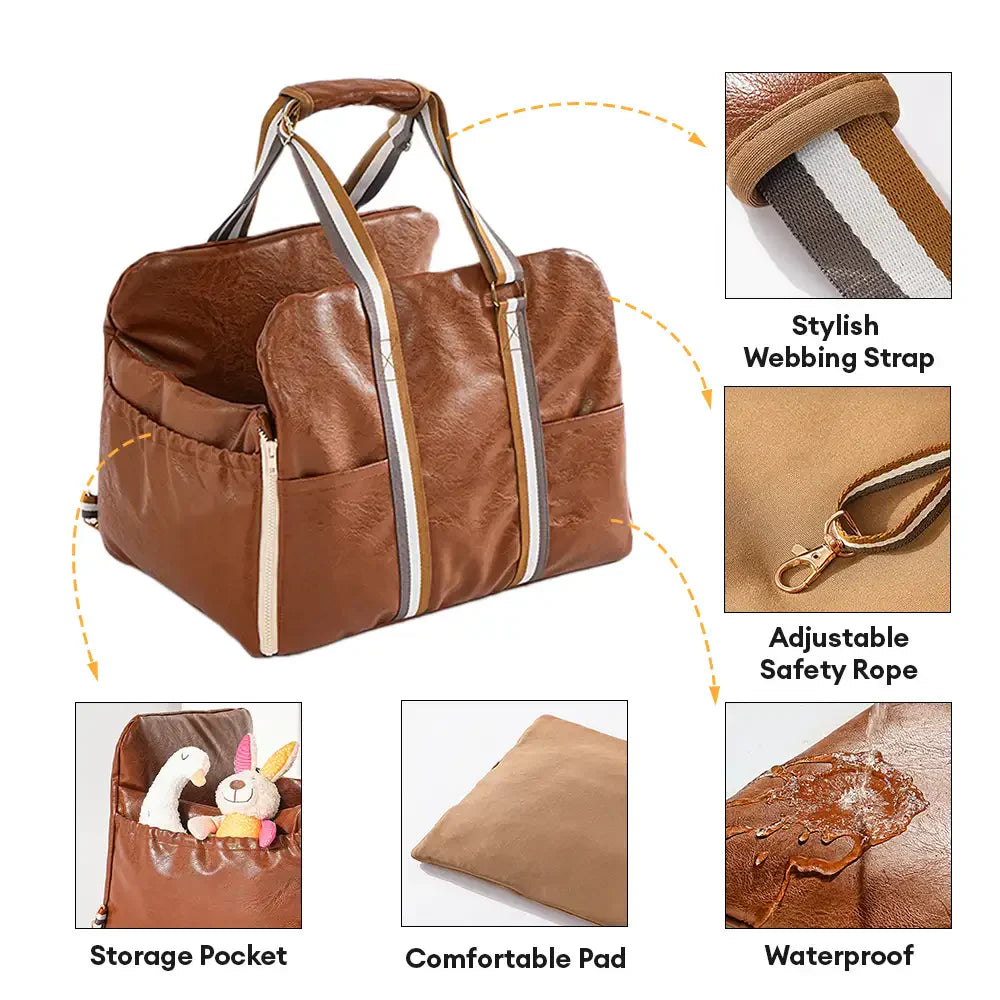 Siège pour animaux de compagnie et transporter de voiture en cuir artificiel deluxe, console centrale de sécurité 3-en-1.