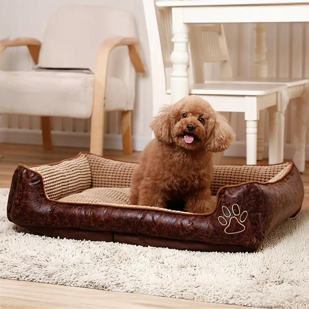 Lit pour chien luxe faux cuir doux polaire lavable