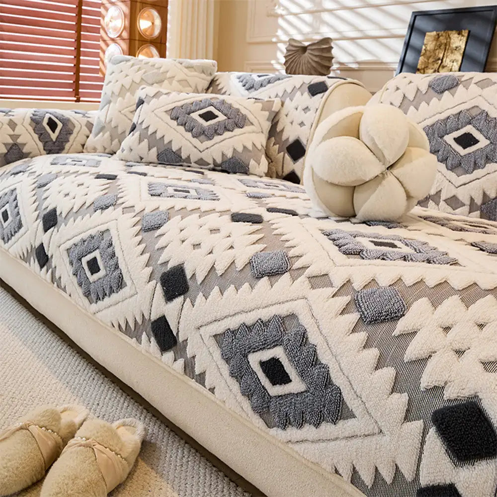 Couvre-canapé moderne géométrique épais en peluche anti-rayures et antidérapant