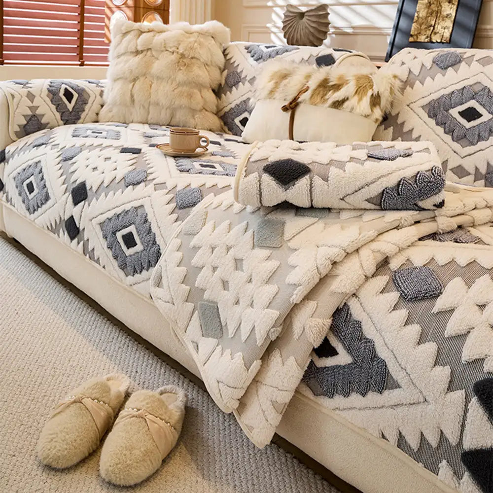Couvre-canapé moderne géométrique épais en peluche anti-rayures et antidérapant