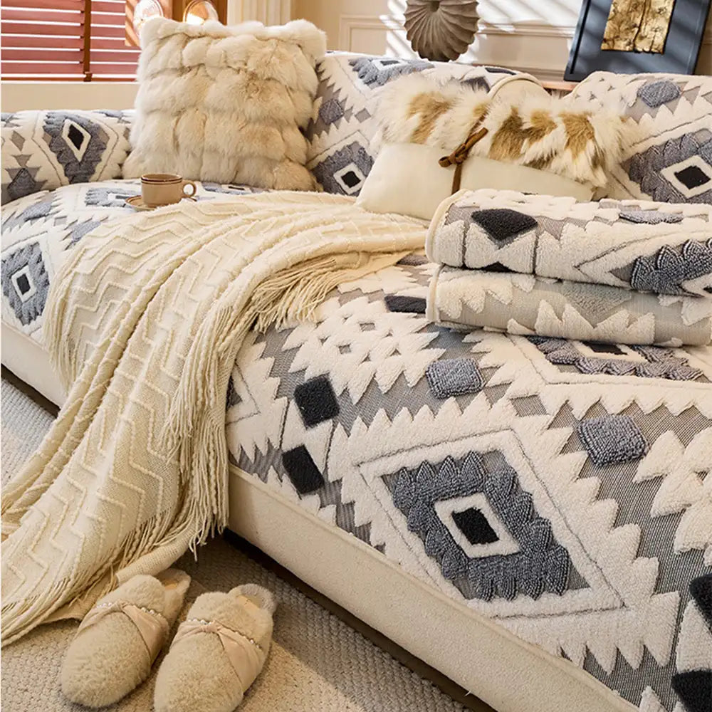 Couvre-canapé moderne géométrique épais en peluche anti-rayures et antidérapant