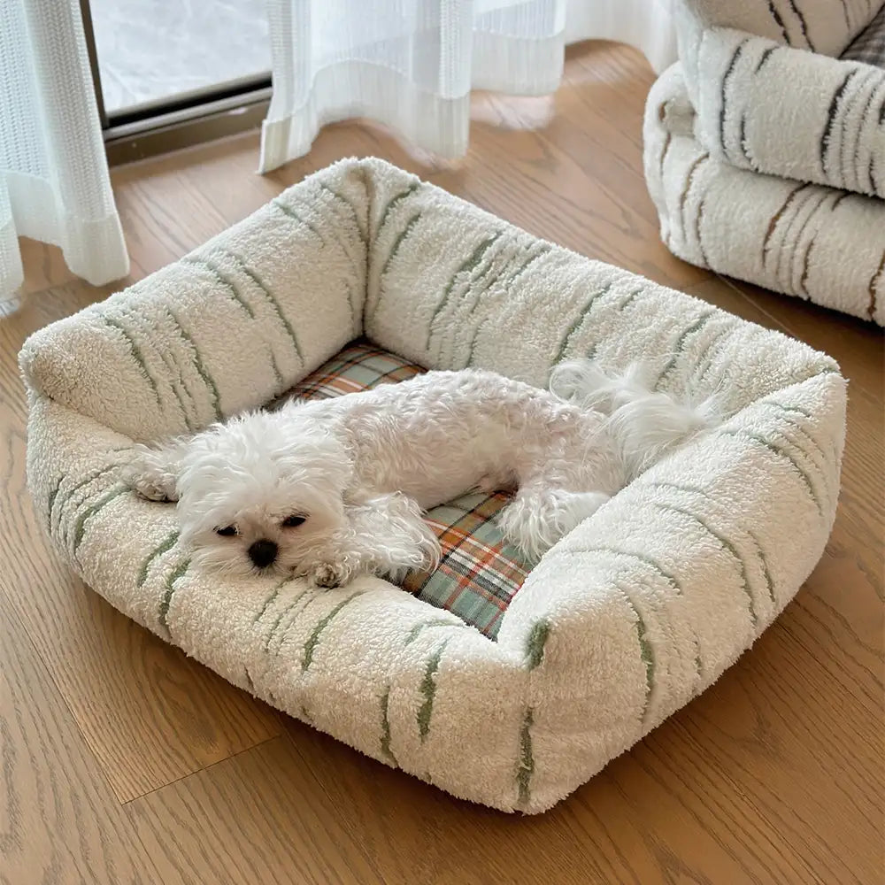 Lit pour chien moderne en plaid épais matelassé carré apaisant
