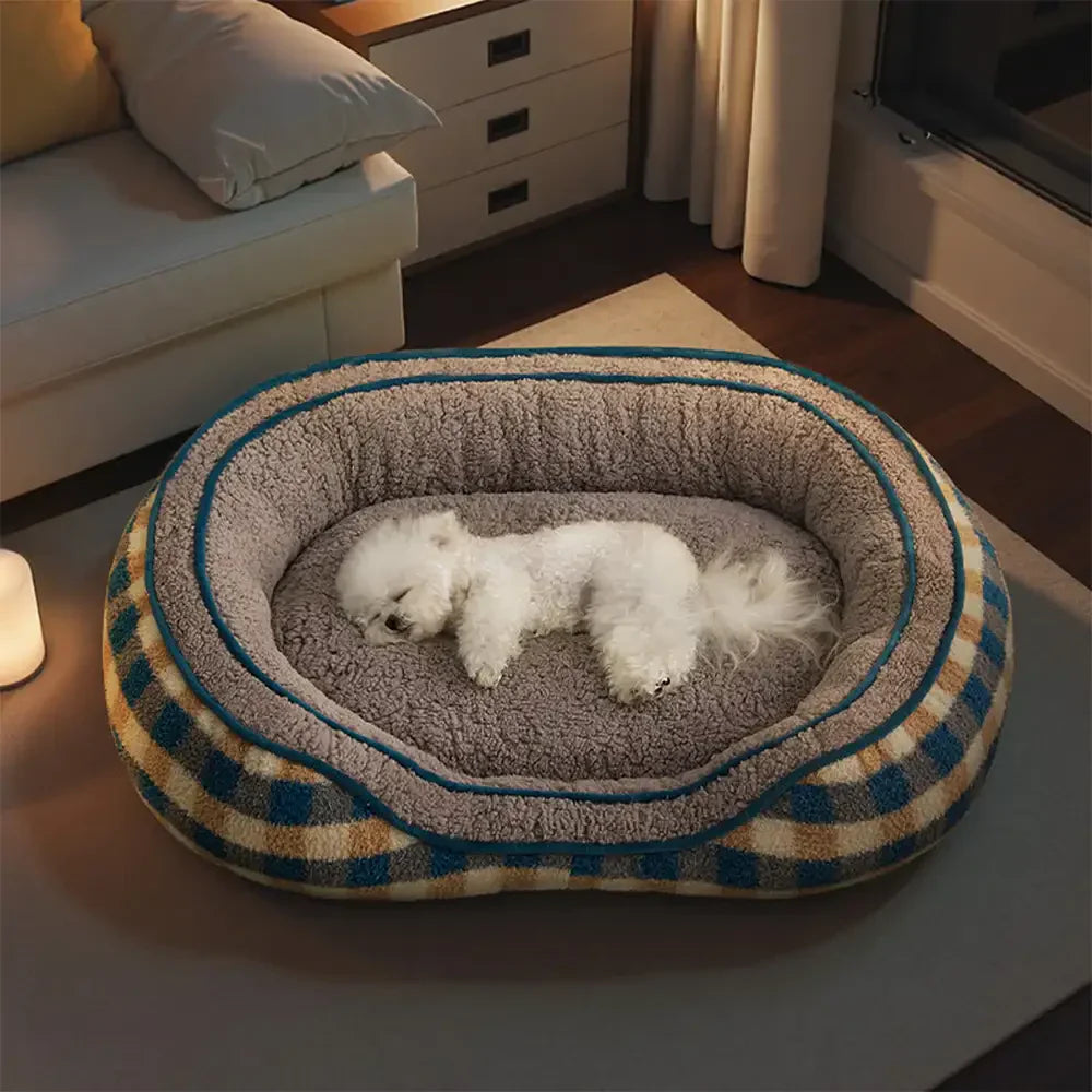 Lit chien velours Teddy ovale grand espace confortable sommeil profond forme donut