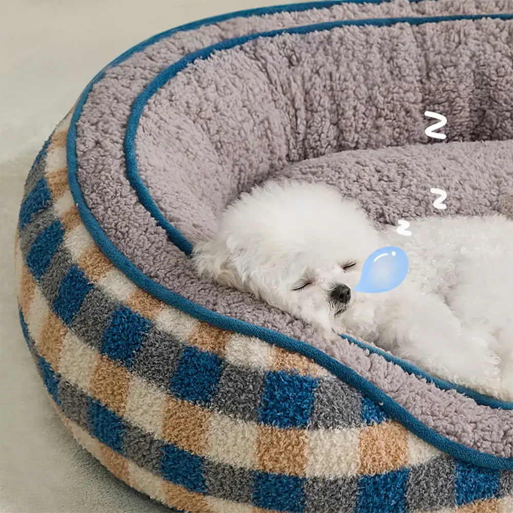 Lit chien velours Teddy ovale grand espace confortable sommeil profond forme donut