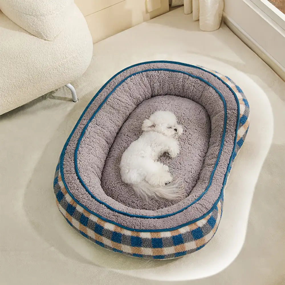Lit chien velours Teddy ovale grand espace confortable sommeil profond forme donut