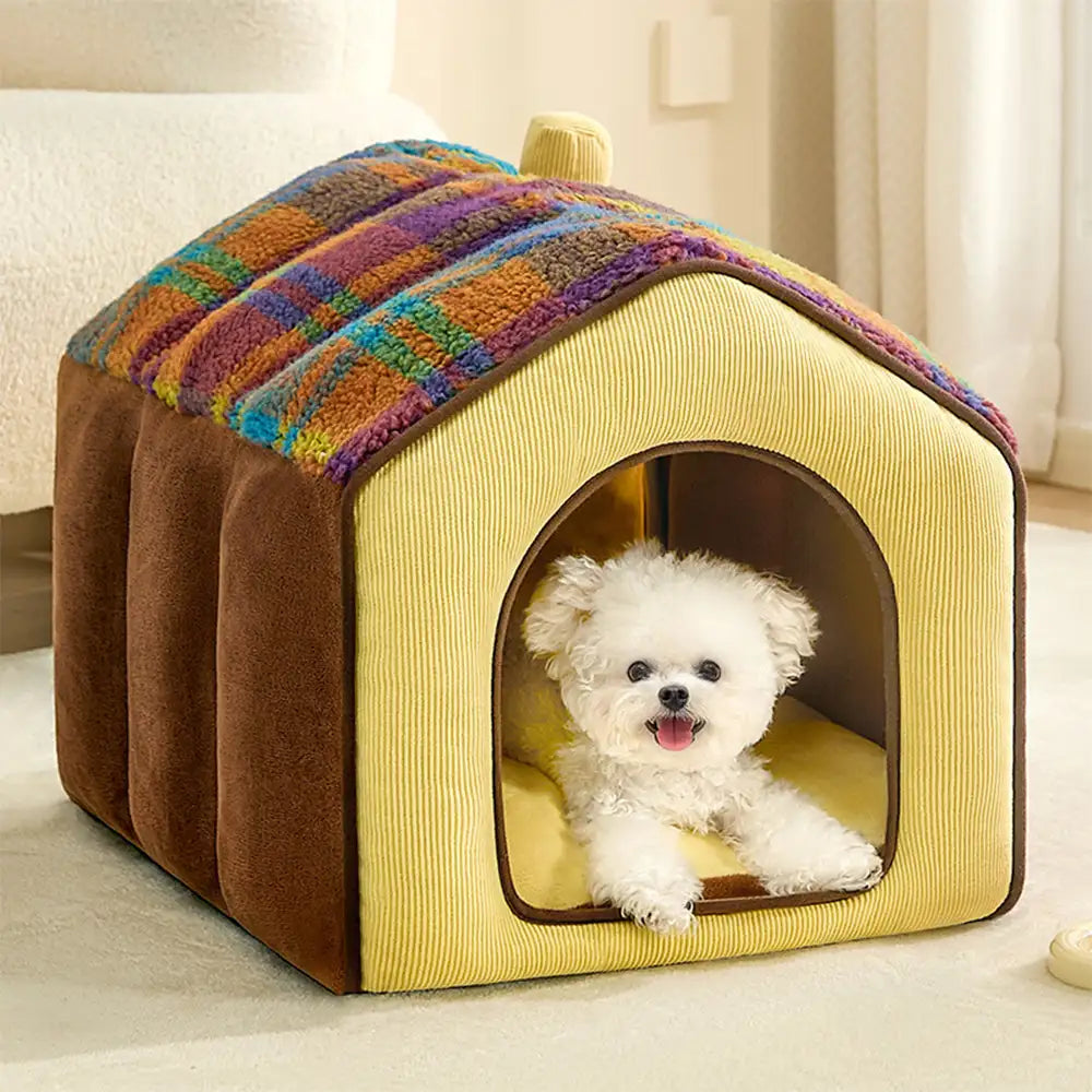 Lit pour chien et chat en forme de cave en plaid rétro chaleureux et douillet - Maison rétro