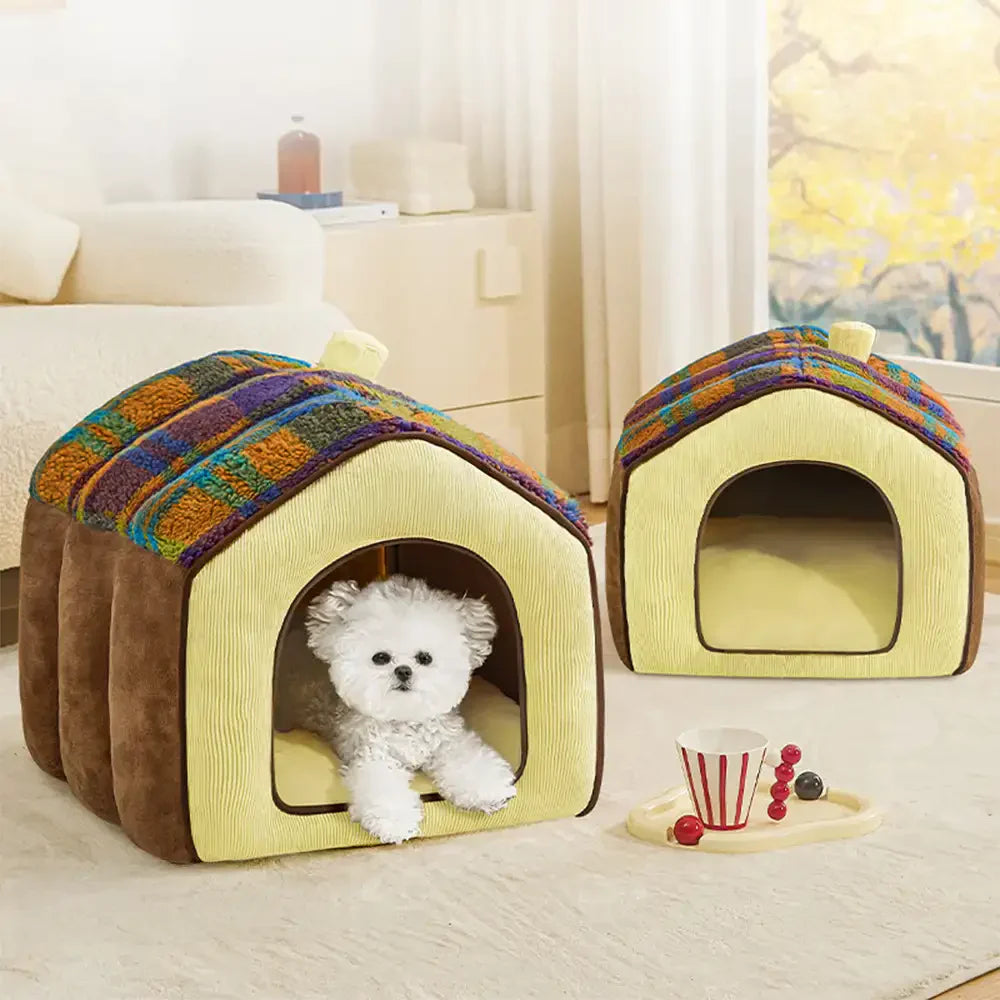 Lit pour chien et chat en forme de cave en plaid rétro chaleureux et douillet - Maison rétro