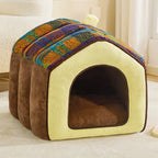 Lit pour chien et chat en forme de cave en plaid rétro chaleureux et douillet - Maison rétro