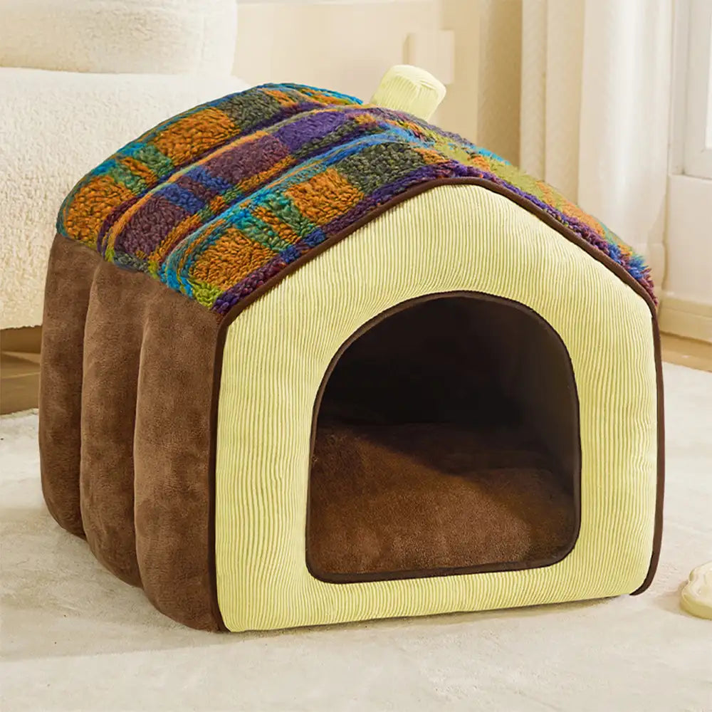 Lit pour chien et chat en forme de cave en plaid rétro chaleureux et douillet - Maison rétro