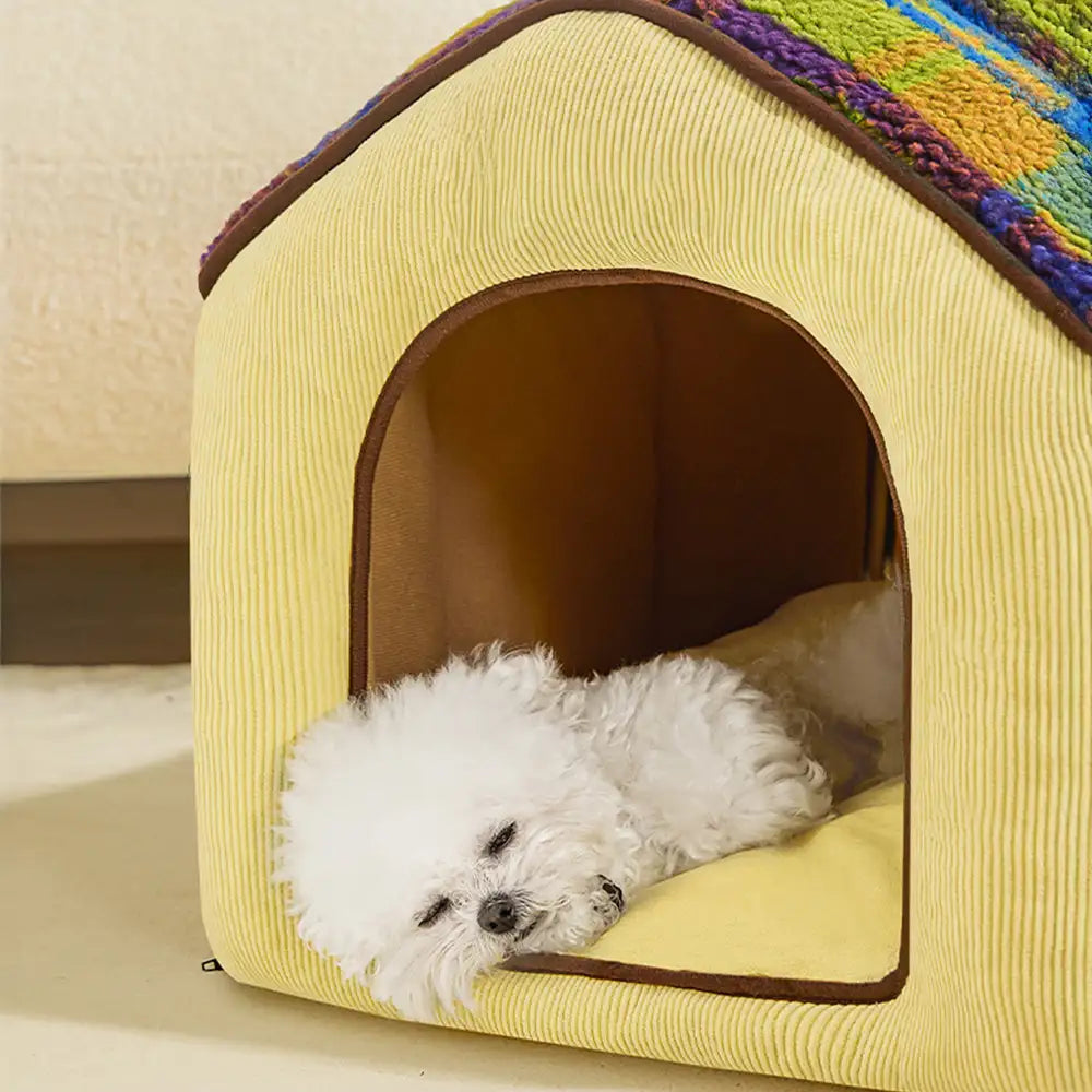 Lit pour chien et chat en forme de cave en plaid rétro chaleureux et douillet - Maison rétro