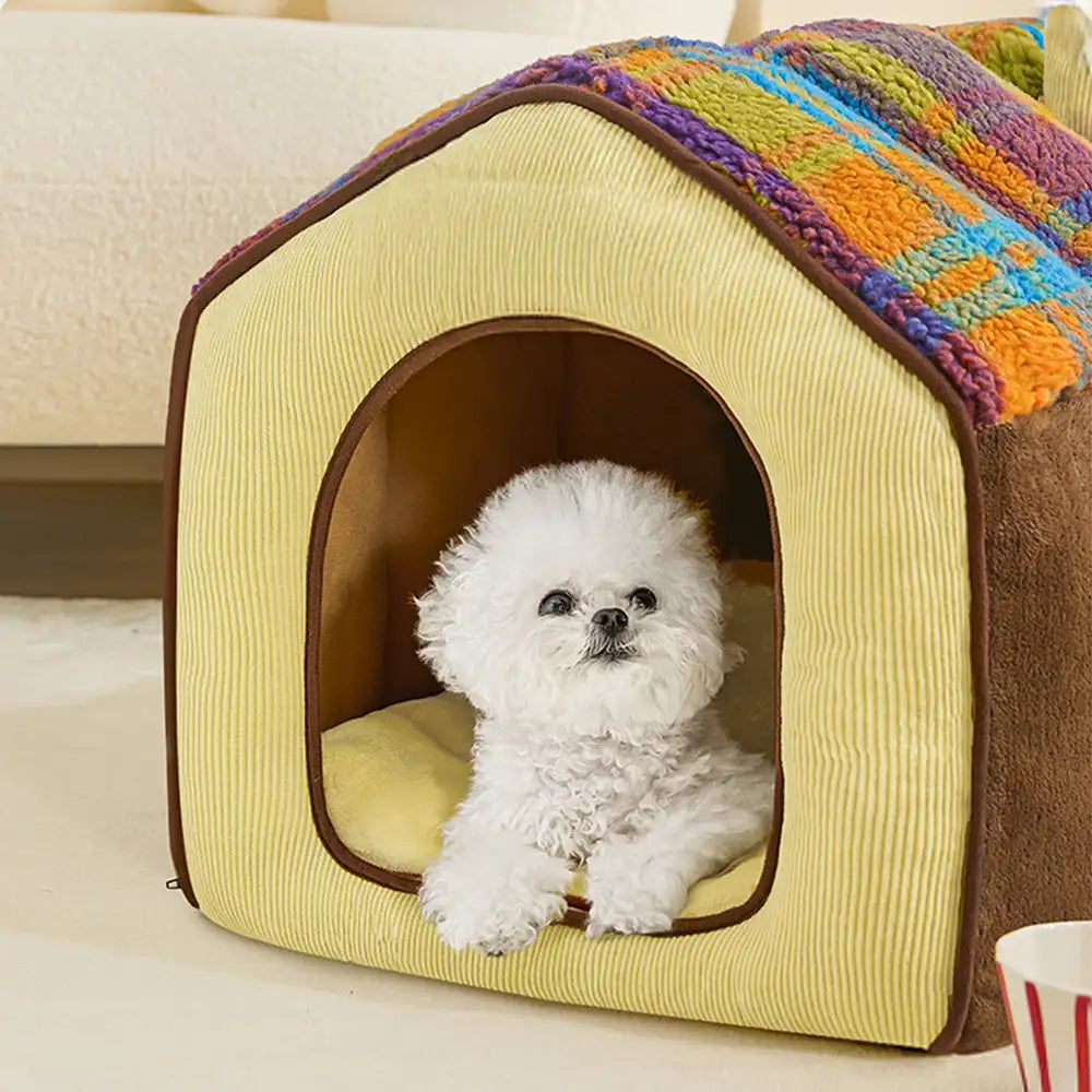 Lit pour chien et chat en forme de cave en plaid rétro chaleureux et douillet - Maison rétro