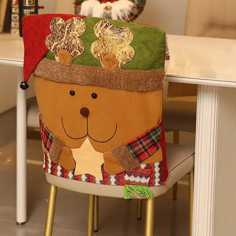Housse de dossier de chaise décorative de Noël ludique avec élan et bonhomme de neige