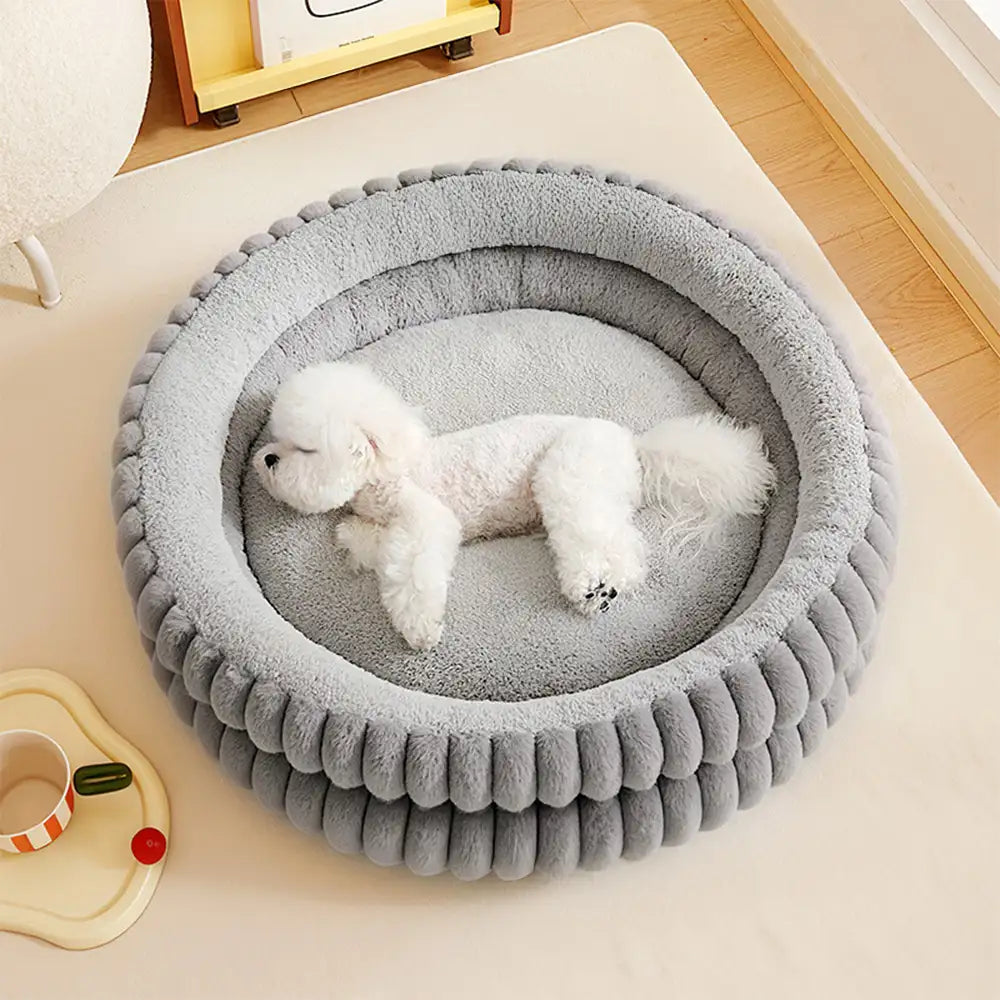 Lit douillet en peluche rond pour chien avec bords surélevés - Lit pour câlins