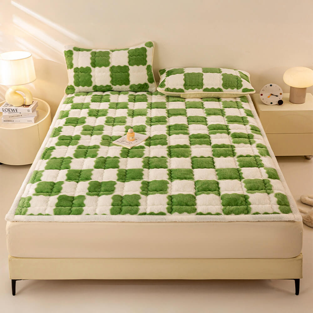 Couverture de matelas en peluche à motifs carreaux et taie d'oreiller