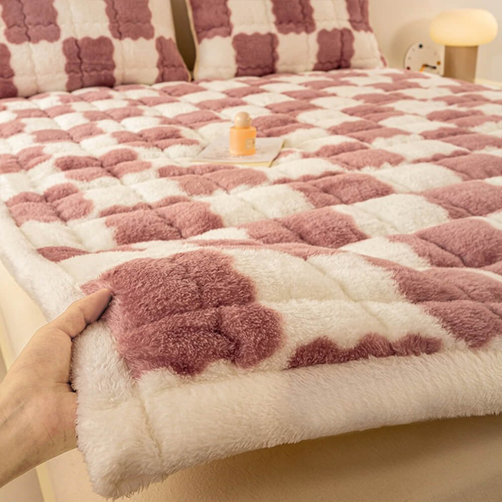 Couverture de matelas en peluche à motifs carreaux et taie d'oreiller