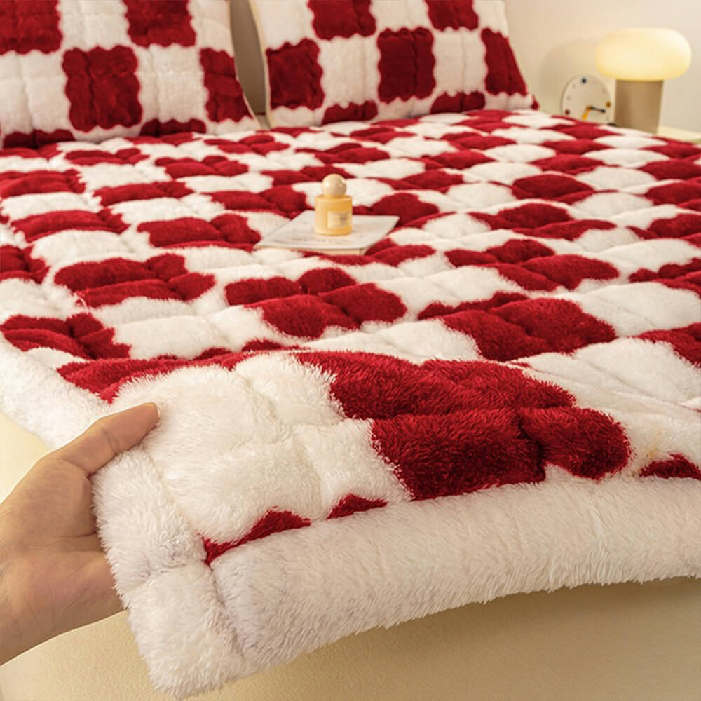 Couverture de matelas en peluche à motifs carreaux et taie d'oreiller